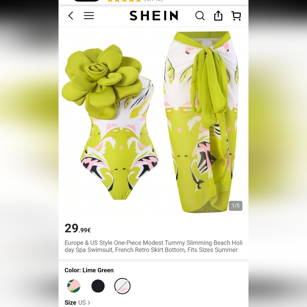 NWOT SHEIN Lime Green Floral One Shoulder One Piece Swimsuit and Skirt Set